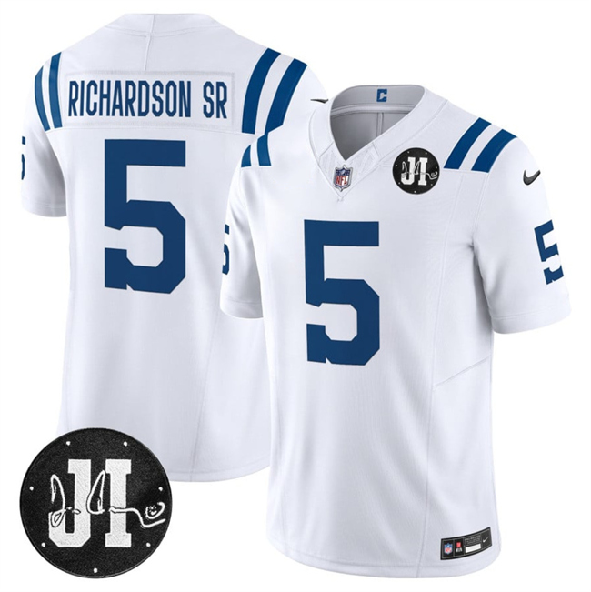 Men's White Indianapolis Colts #5 Anthony Richardson 2025 F.U.S.E. Jim Irsay Patch Vapor Limited Stitched Football Jersey